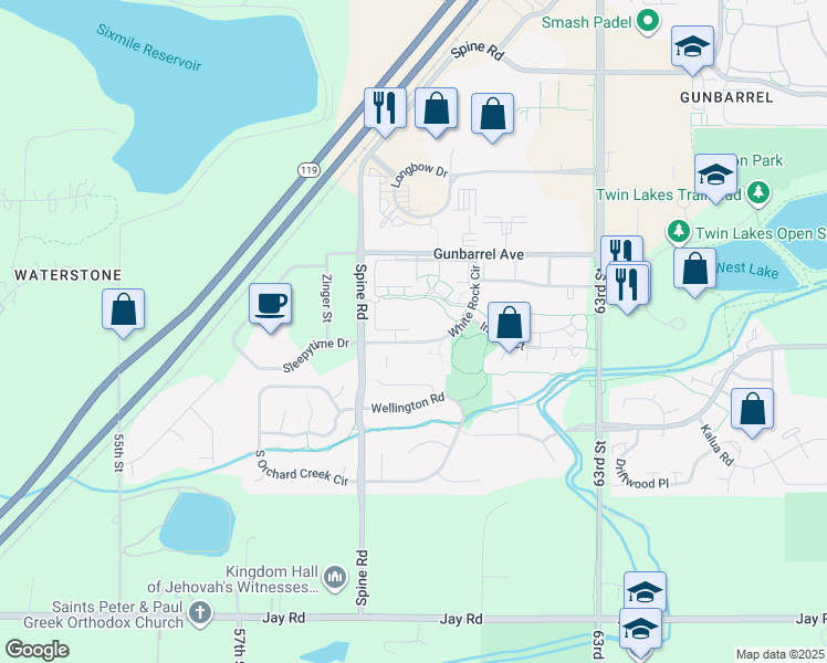 map of restaurants, bars, coffee shops, grocery stores, and more near 4658 White Rock Circle in Boulder