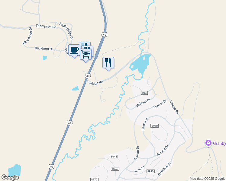 map of restaurants, bars, coffee shops, grocery stores, and more near 293 County Road 893 in Granby