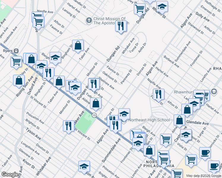 map of restaurants, bars, coffee shops, grocery stores, and more near 1428 Vista Street in Philadelphia