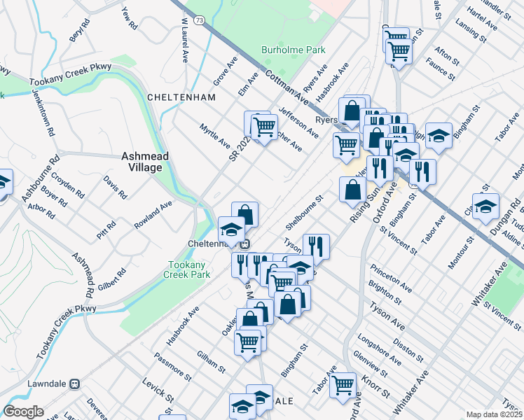 map of restaurants, bars, coffee shops, grocery stores, and more near 7000 Shelbourne Street in Philadelphia