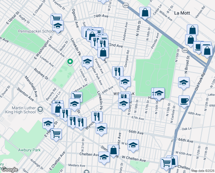 map of restaurants, bars, coffee shops, grocery stores, and more near 6801 Cedar Park Avenue in Philadelphia