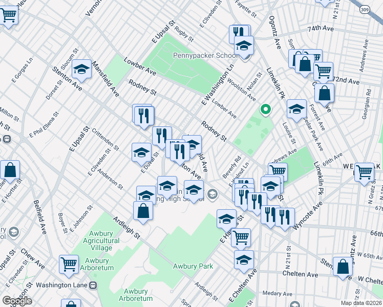 map of restaurants, bars, coffee shops, grocery stores, and more near 7115 Stenton Avenue in Philadelphia