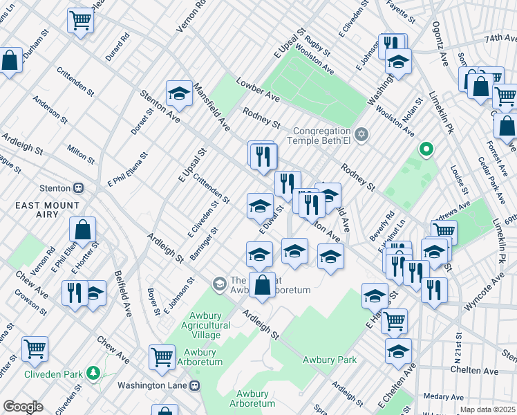 map of restaurants, bars, coffee shops, grocery stores, and more near 6325 Crittenden Street in Philadelphia