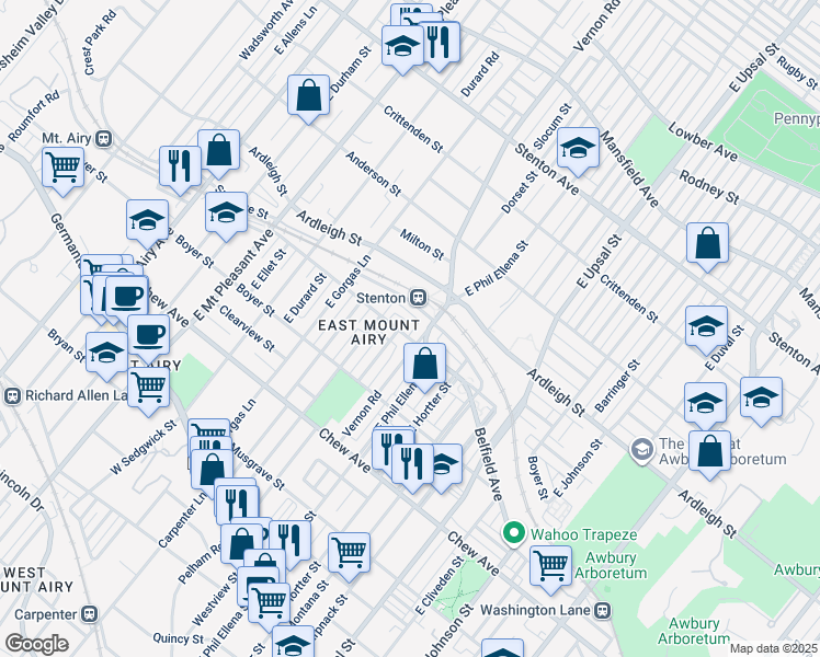 map of restaurants, bars, coffee shops, grocery stores, and more near 500 Vernon Road in Philadelphia