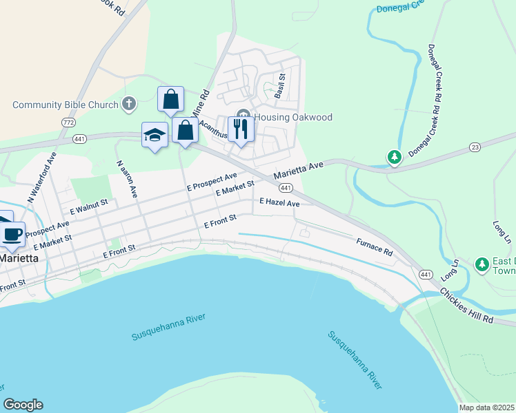 map of restaurants, bars, coffee shops, grocery stores, and more near 105 South Clay Street in Marietta