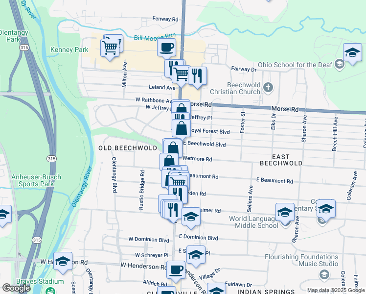 map of restaurants, bars, coffee shops, grocery stores, and more near 20 Wetmore Road in Columbus
