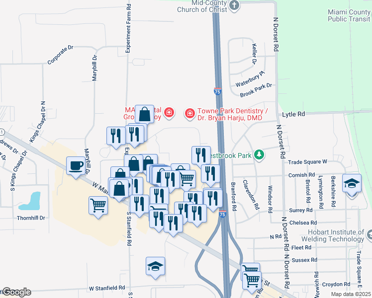 map of restaurants, bars, coffee shops, grocery stores, and more near 1840 Towne Park Drive in Troy