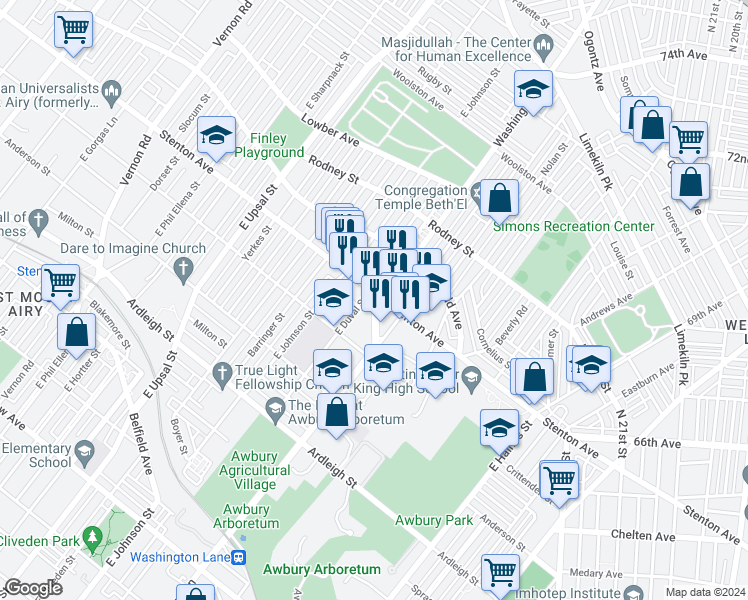 map of restaurants, bars, coffee shops, grocery stores, and more near 6336 Stenton Avenue in Philadelphia