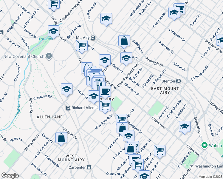 map of restaurants, bars, coffee shops, grocery stores, and more near 41 East Mount Pleasant Avenue in Philadelphia