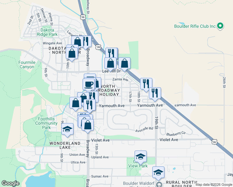 map of restaurants, bars, coffee shops, grocery stores, and more near 4650 Holiday Drive in Boulder