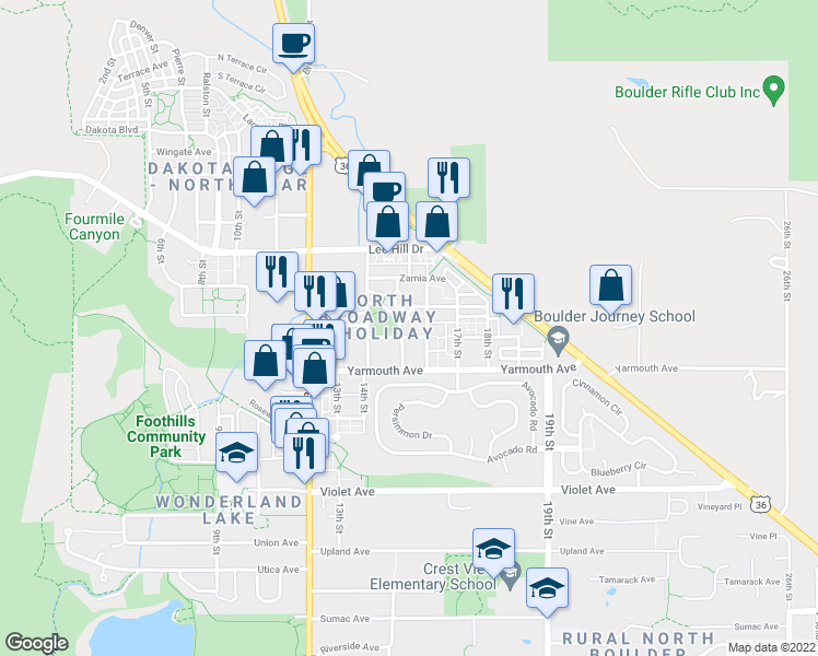 map of restaurants, bars, coffee shops, grocery stores, and more near 4628 16th Street in Boulder