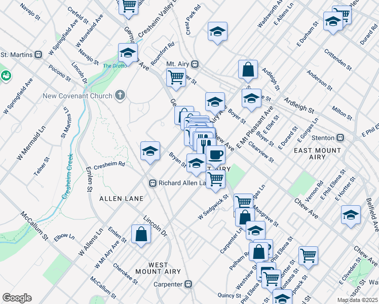 map of restaurants, bars, coffee shops, grocery stores, and more near 21 West Mount Airy Avenue in Philadelphia