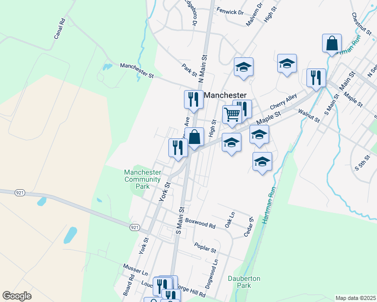 map of restaurants, bars, coffee shops, grocery stores, and more near 2 North Main Street in Manchester