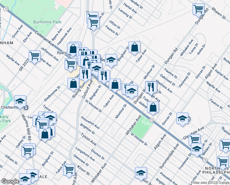 map of restaurants, bars, coffee shops, grocery stores, and more near Cottman Ave & Tabor Ave in Philadelphia