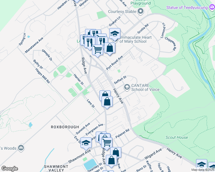 map of restaurants, bars, coffee shops, grocery stores, and more near 8200 Henry Avenue in Philadelphia