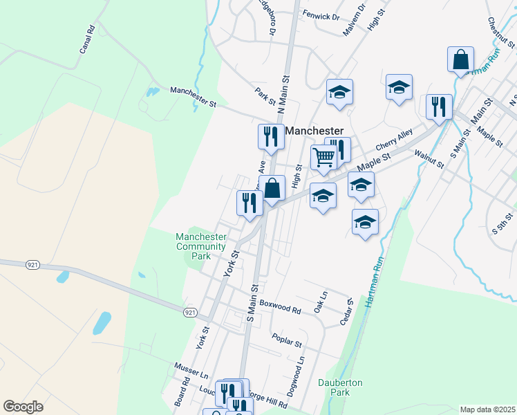 map of restaurants, bars, coffee shops, grocery stores, and more near 2 North Main Street in Manchester