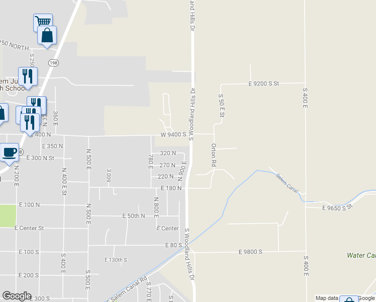 map of restaurants, bars, coffee shops, grocery stores, and more near 318 North 900th East in Salem