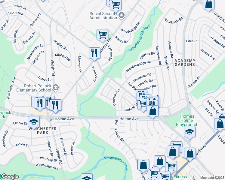 map of restaurants, bars, coffee shops, grocery stores, and more near 9121 Woodenbridge Road in Philadelphia