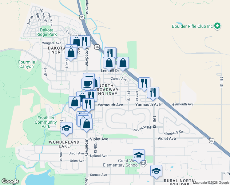 map of restaurants, bars, coffee shops, grocery stores, and more near 4628 16th Street in Boulder