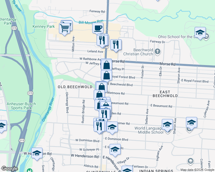 map of restaurants, bars, coffee shops, grocery stores, and more near 20 Wetmore Road in Columbus