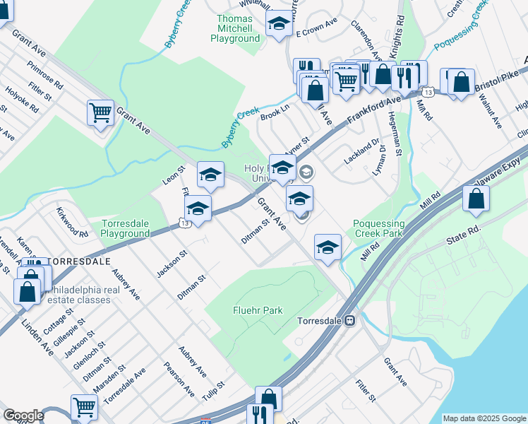 map of restaurants, bars, coffee shops, grocery stores, and more near 4524 Grant Avenue in Philadelphia
