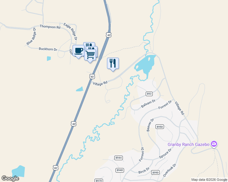 map of restaurants, bars, coffee shops, grocery stores, and more near 293 County Road 893 in Granby