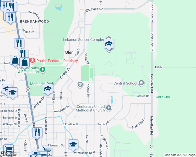 map of restaurants, bars, coffee shops, grocery stores, and more near 1225 North Grant Street in Lebanon