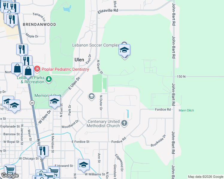 map of restaurants, bars, coffee shops, grocery stores, and more near 1225 North Grant Street in Lebanon