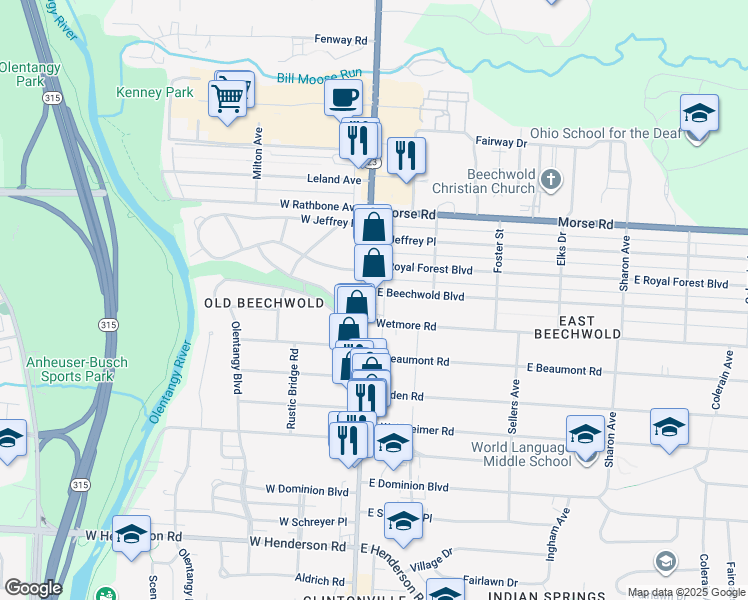 map of restaurants, bars, coffee shops, grocery stores, and more near 20 Wetmore Road in Columbus