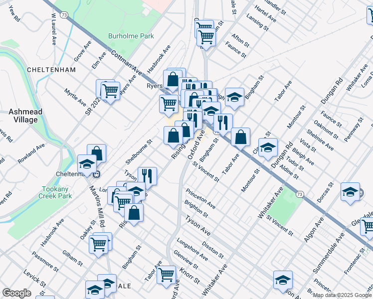 map of restaurants, bars, coffee shops, grocery stores, and more near 7132 Rising Sun Avenue in Philadelphia
