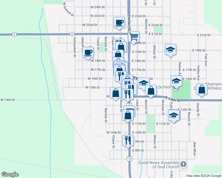 map of restaurants, bars, coffee shops, grocery stores, and more near 1400-1498 Chase St in Falls City