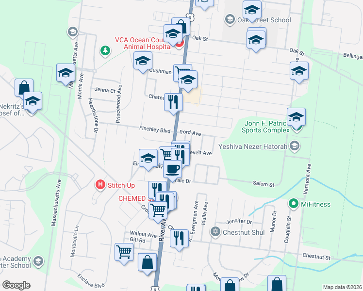 map of restaurants, bars, coffee shops, grocery stores, and more near 18 Roosevelt Avenue in Lakewood