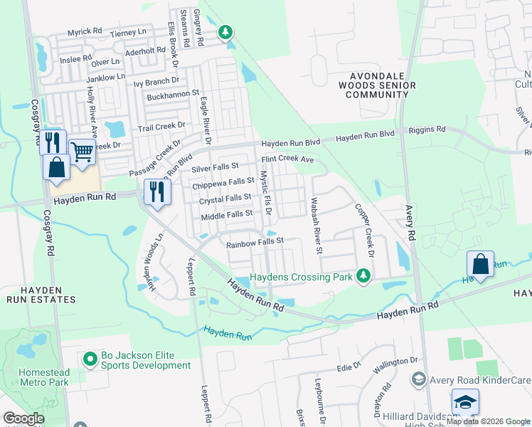 map of restaurants, bars, coffee shops, grocery stores, and more near 5278 Royal Arch Cascade Drive in Dublin
