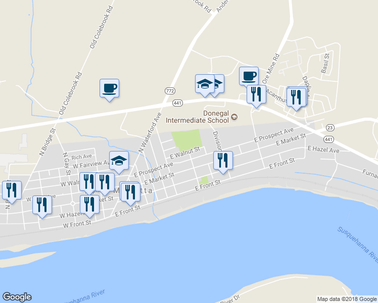 map of restaurants, bars, coffee shops, grocery stores, and more near E Walnut St & N Pine St in Marietta