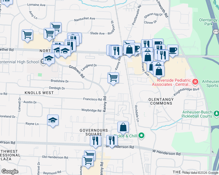 map of restaurants, bars, coffee shops, grocery stores, and more near 4650 Kenny Road in Columbus