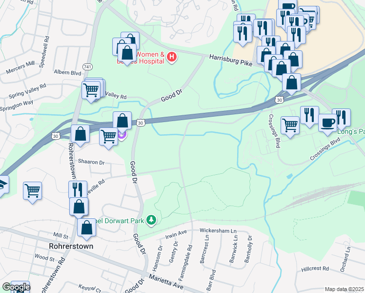 map of restaurants, bars, coffee shops, grocery stores, and more near 901-949 Farmingdale Road in Lancaster