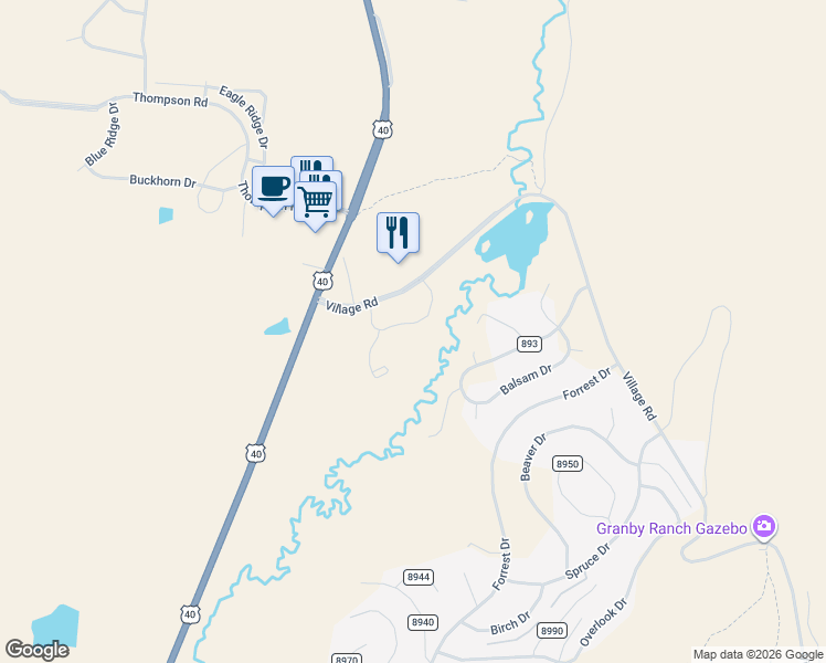 map of restaurants, bars, coffee shops, grocery stores, and more near 293 County Road 893 in Granby