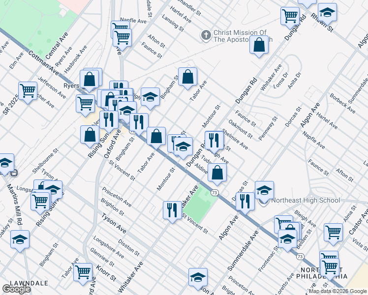 map of restaurants, bars, coffee shops, grocery stores, and more near 7321 Montour Street in Philadelphia