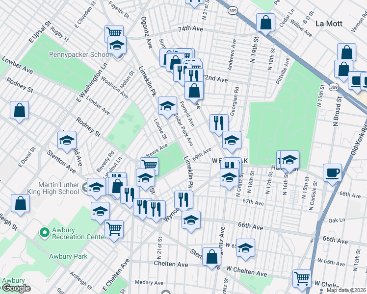 map of restaurants, bars, coffee shops, grocery stores, and more near 6917 Limekiln Pike in Philadelphia