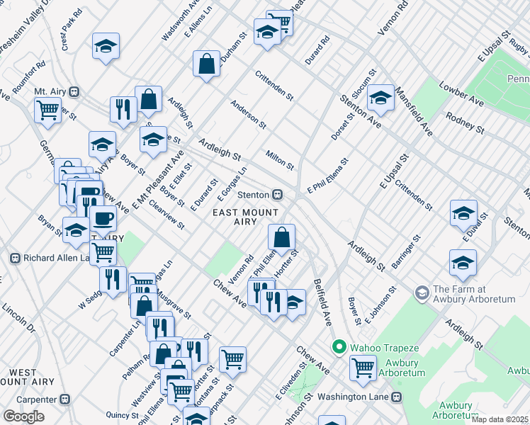 map of restaurants, bars, coffee shops, grocery stores, and more near 450 Slocum Street in Philadelphia