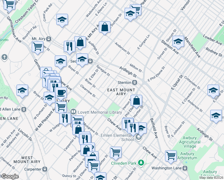 map of restaurants, bars, coffee shops, grocery stores, and more near 423 Pleasant Street in Philadelphia