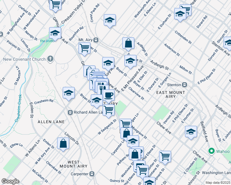 map of restaurants, bars, coffee shops, grocery stores, and more near 41 East Mount Pleasant Avenue in Philadelphia