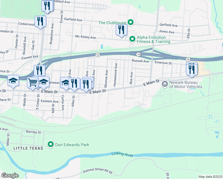 map of restaurants, bars, coffee shops, grocery stores, and more near 655 East Main Street in Newark