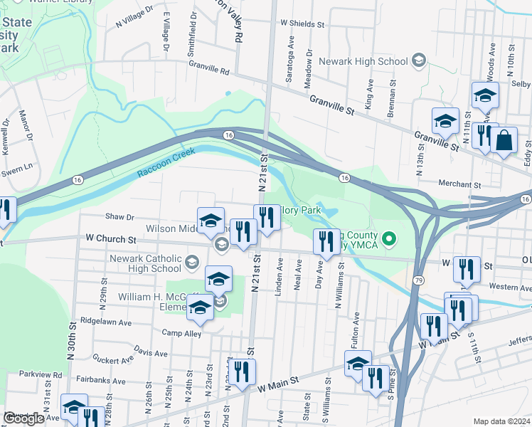 map of restaurants, bars, coffee shops, grocery stores, and more near 264 North 21st Street in Newark
