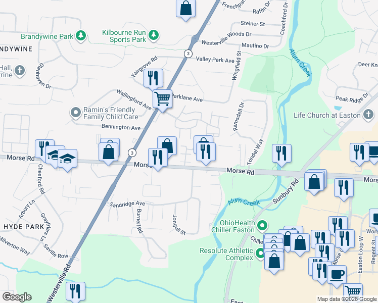 map of restaurants, bars, coffee shops, grocery stores, and more near 4320-4330 Chateau Morse Drive in Columbus