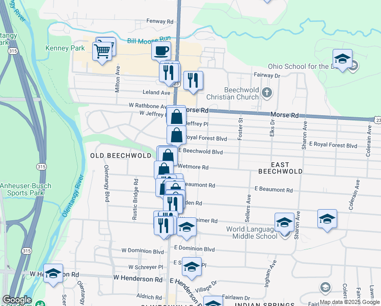 map of restaurants, bars, coffee shops, grocery stores, and more near 72 Wetmore Road in Columbus