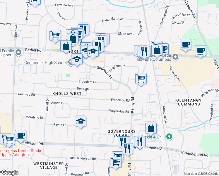 map of restaurants, bars, coffee shops, grocery stores, and more near 1219 Denbigh Drive in Columbus