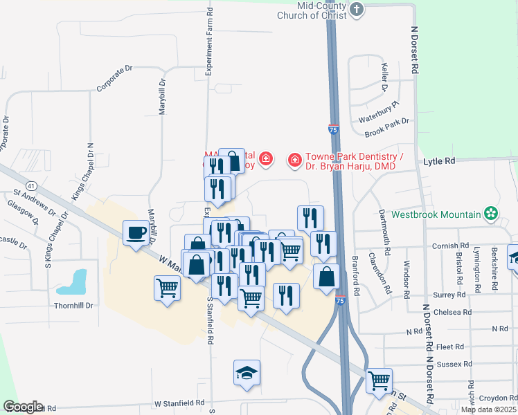 map of restaurants, bars, coffee shops, grocery stores, and more near 1840 Towne Park Drive in Troy