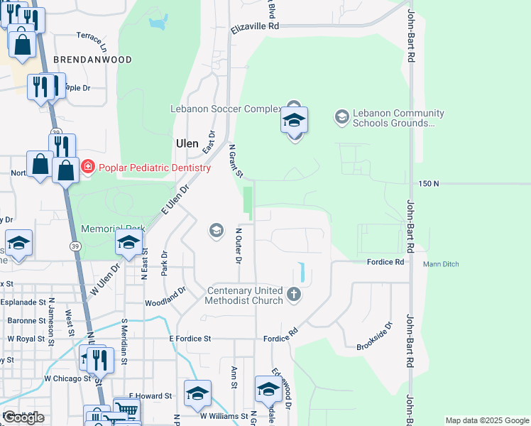 map of restaurants, bars, coffee shops, grocery stores, and more near 1225 North Grant Street in Lebanon