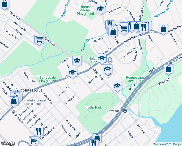 map of restaurants, bars, coffee shops, grocery stores, and more near 4620 Primrose Road in Philadelphia